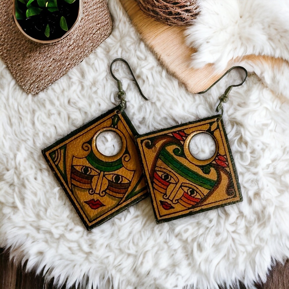 Vintage Mexican Tribal Painted Face Leather Drop Earrings - Picture 10 of 10